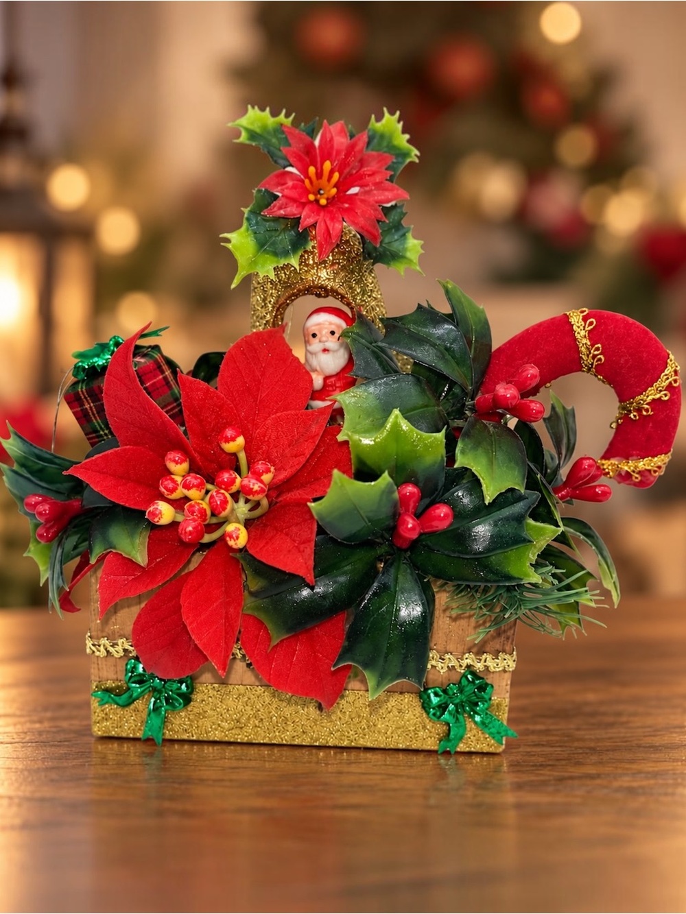 Vintage 1960s Kitschy Christmas Floral Arrangement Santa Poinsettia Candy Cane